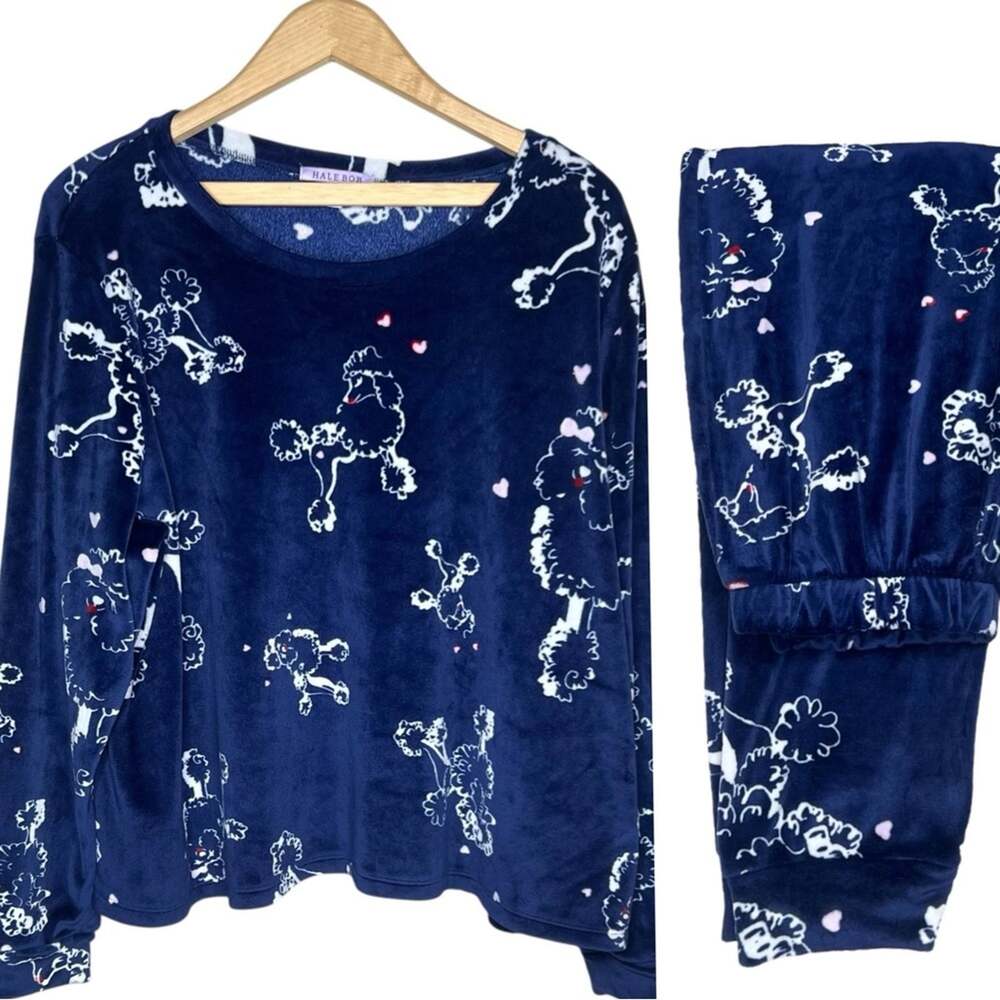 Hale Bob Poodle Dog Print Pajama Set XL Extra Large Blue Velour Minky Fleece
